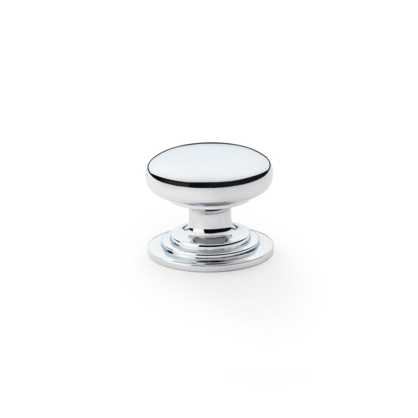 Alexander & Wilks Waltz Round Cupboard Knob on Stepped Rose in polished chrome, featuring a smooth circular design with a stepped base for easy gripping.