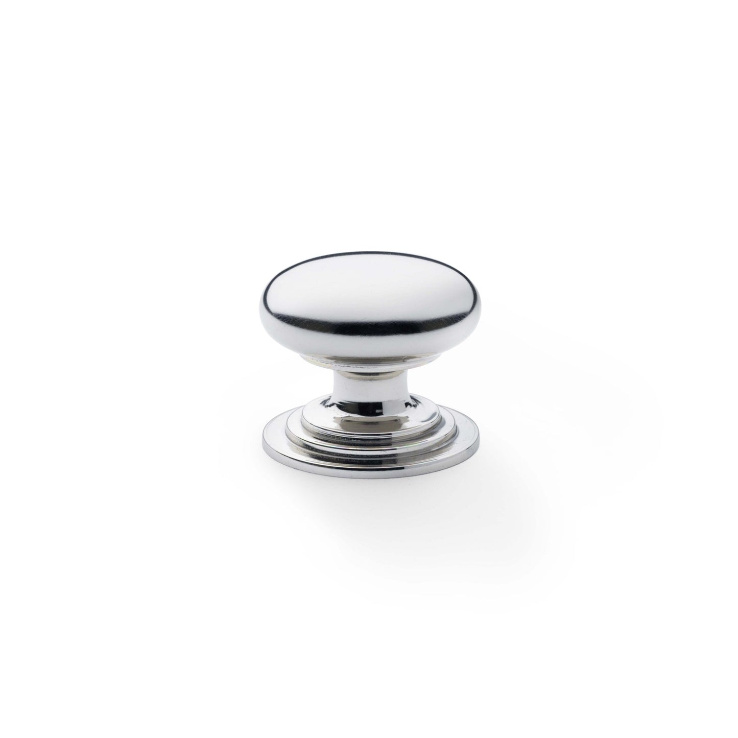 Alexander & Wilks Waltz Round Cupboard Knob on Stepped Rose in polished chrome finish, featuring a smooth round top and a stepped base design for a classic look.