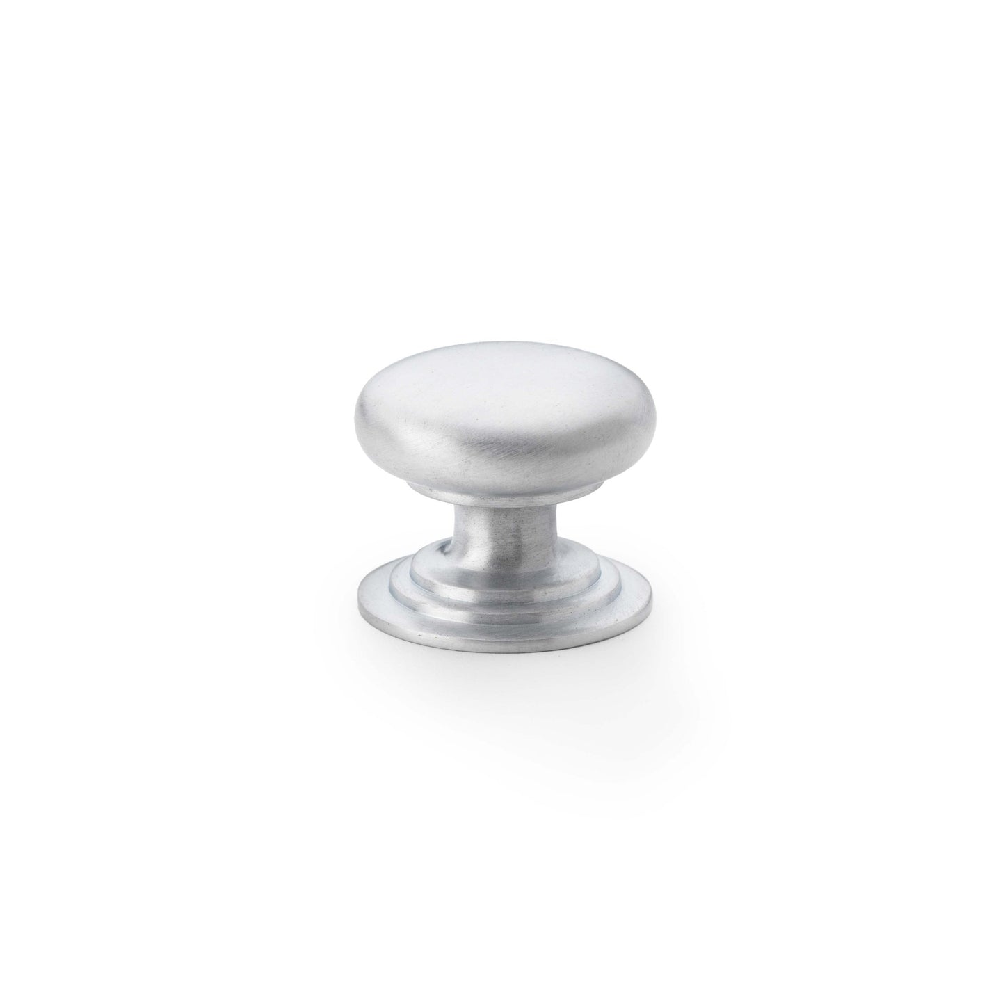 Alexander & Wilks Waltz Round Cupboard Knob on Stepped Rose in a brushed satin finish, featuring a smooth, rounded design and a stepped base for easy grip.