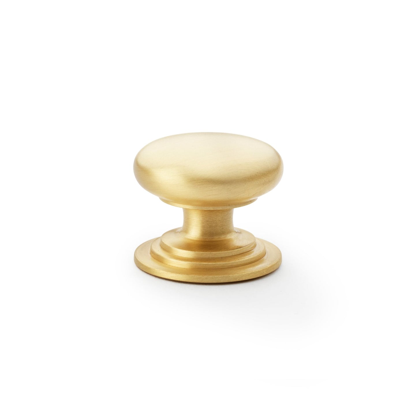 Alexander & Wilks Waltz Round Cupboard Knob on Stepped Rose in polished gold finish, featuring a smooth, rounded top and an ornate stepped base for a decorative touch.