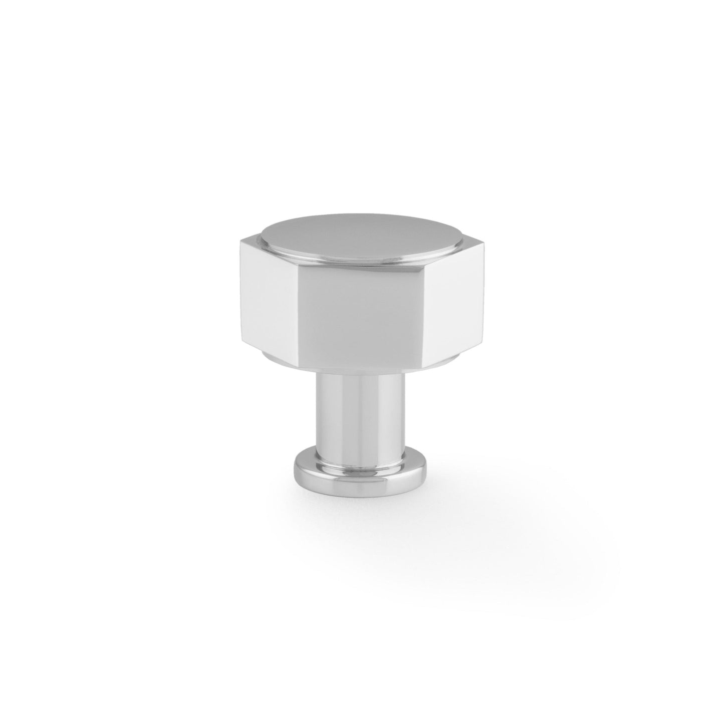 Alexander & Wilks Vesper Hex Cabinet Knob in polished chrome finish, featuring a hexagonal shape and a smooth circular top. The knob includes a short cylindrical base for easy mounting.