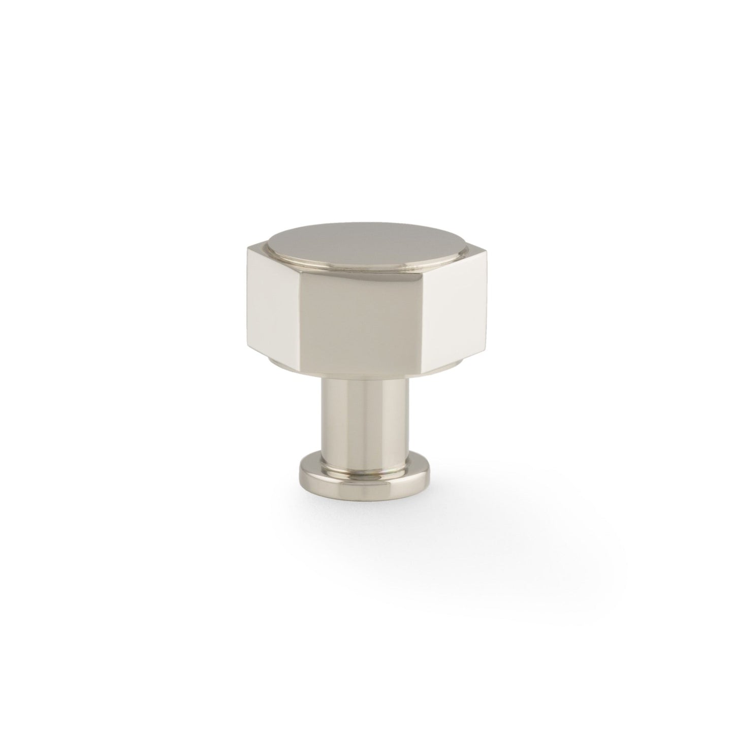 Alexander & Wilks Vesper Hex Cabinet Knob in polished chrome, featuring a hexagonal shape and a round base for easy installation, designed for use on cabinets or drawers.