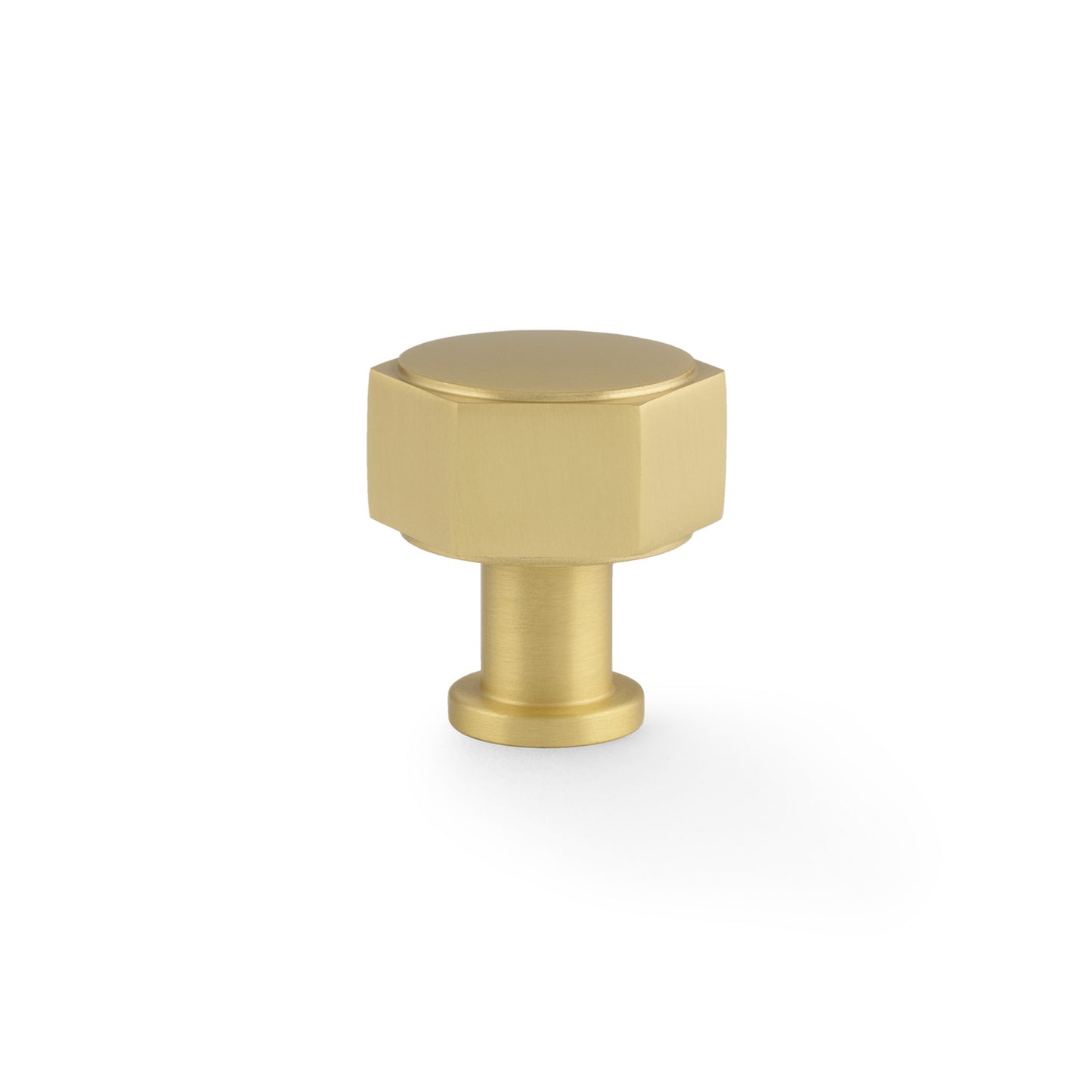 Alexander & Wilks Vesper Hex Cabinet Knob in a brushed gold finish, featuring a hexagonal shape and a cylindrical base, suitable for cabinets and drawers.