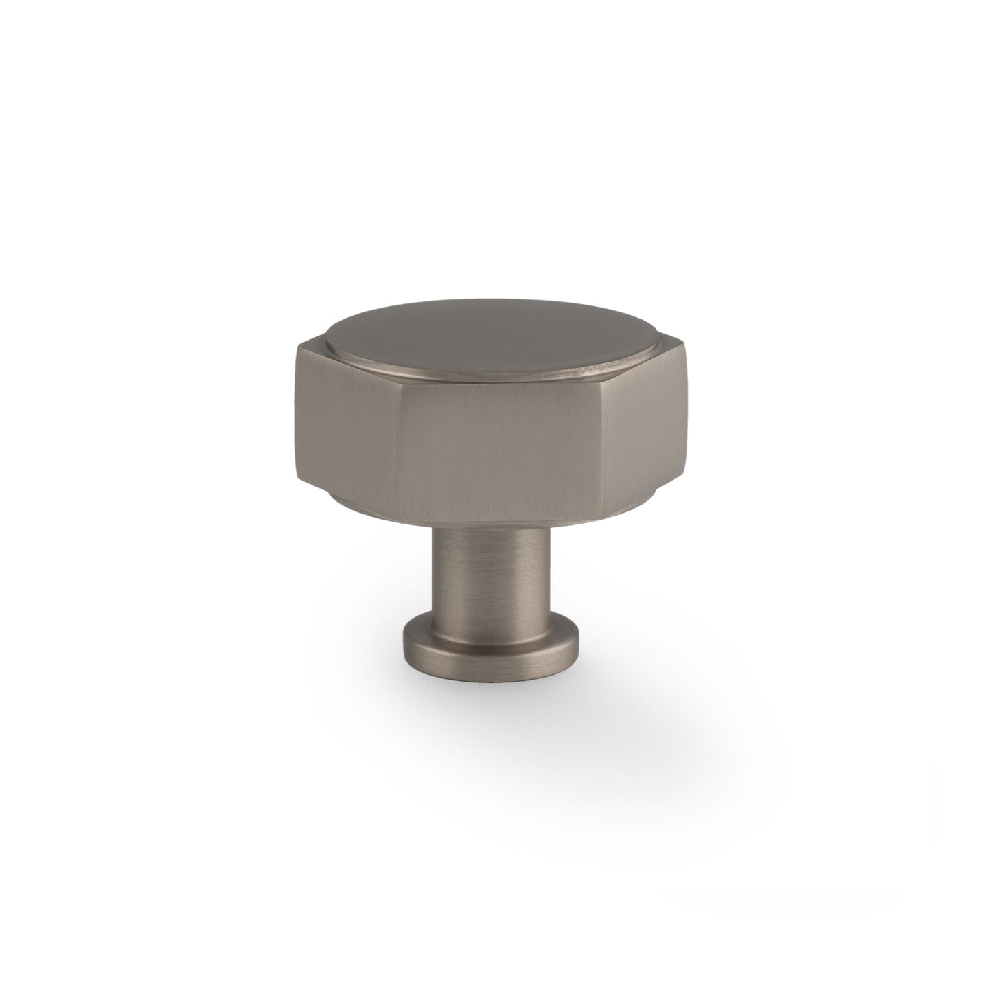 Alexander & Wilks Vesper Hex Cabinet Knob in matte nickel finish, featuring a hexagonal shape with a smooth top surface and a cylindrical base for easy installation.