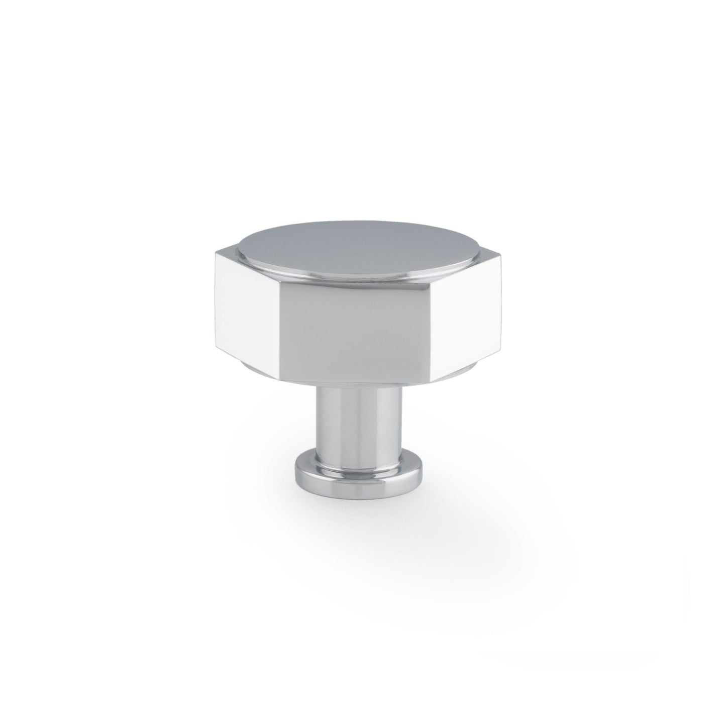 Alexander & Wilks Vesper Hex Cabinet Knob in a polished chrome finish, featuring a geometric hexagonal shape and a central round top.
