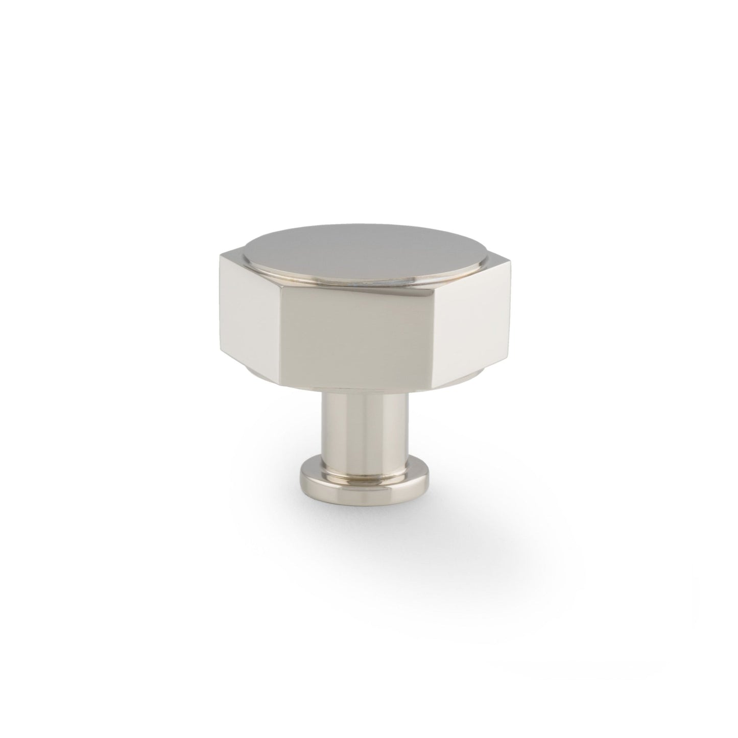 Alexander & Wilks Vesper Hex Cabinet Knob in polished nickel, featuring a hexagonal shape with a round base. The knob has a smooth surface and is designed for cabinet or drawer installations.