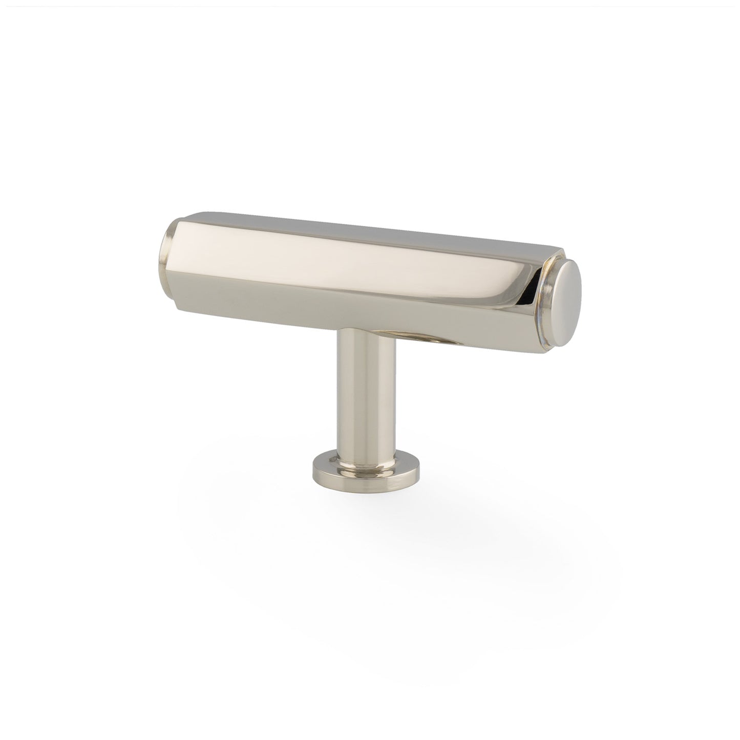 Alexander & Wilks Vesper Hex T-Bar Cabinet Knob in a polished nickel finish, featuring a rectangular bar shape and circular ends, designed for cabinet or drawer installations.