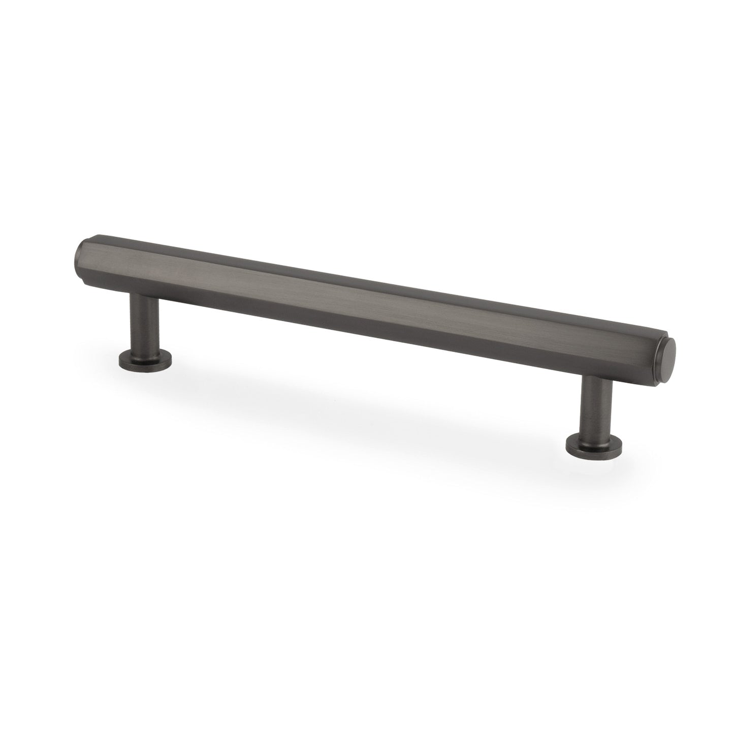 Alexander & Wilks Vesper Hex T-Bar Cabinet Pull in a dark finish, featuring a sleek, straight design with rounded ends and two cylindrical mounting bases.