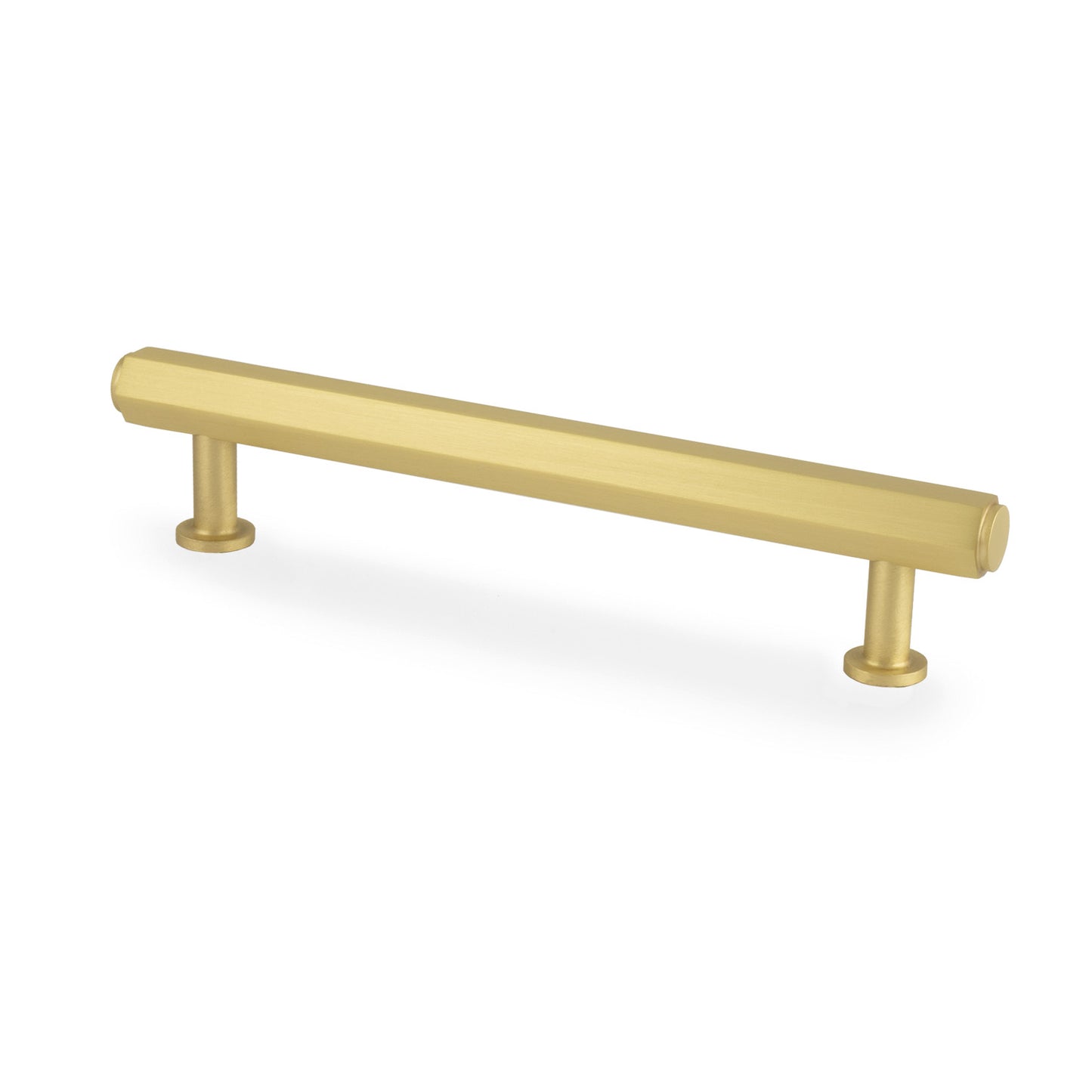 Alexander & Wilks Vesper Hex T-Bar Cabinet Pull in a brushed gold finish, featuring a sleek, elongated bar design with two rounded ends for installation on cabinets or drawers.
