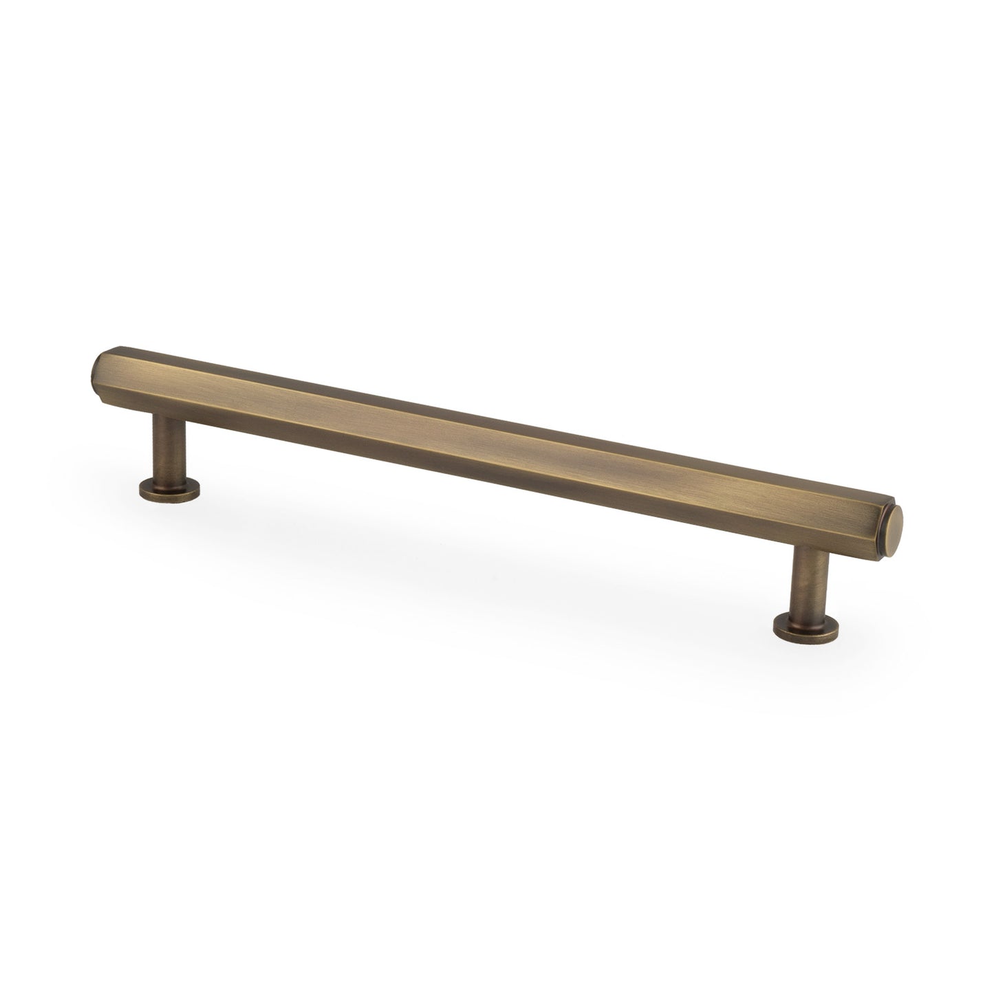 Alexander & Wilks Vesper Hex T-Bar Cabinet Pull in a brushed brass finish, featuring a straight bar design with two decorative bases for attachment.