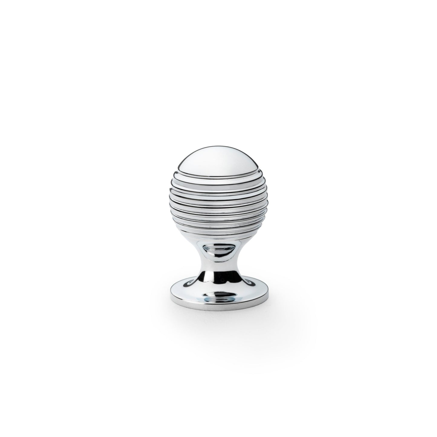 Alexander & Wilks Caesar Cupboard Knob on Round Rose in polished chrome finish, featuring a rounded design with concentric grooves and a sturdy base.