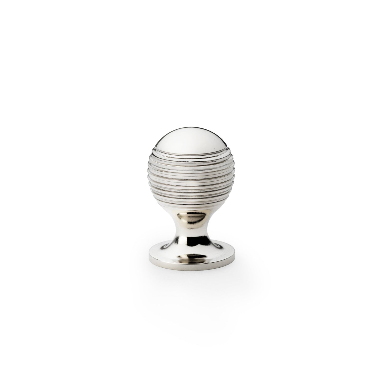 Alexander & Wilks Caesar Cupboard Knob on Round Rose in polished chrome, featuring a round, ribbed design and a sturdy base, suitable for cabinets and furniture.