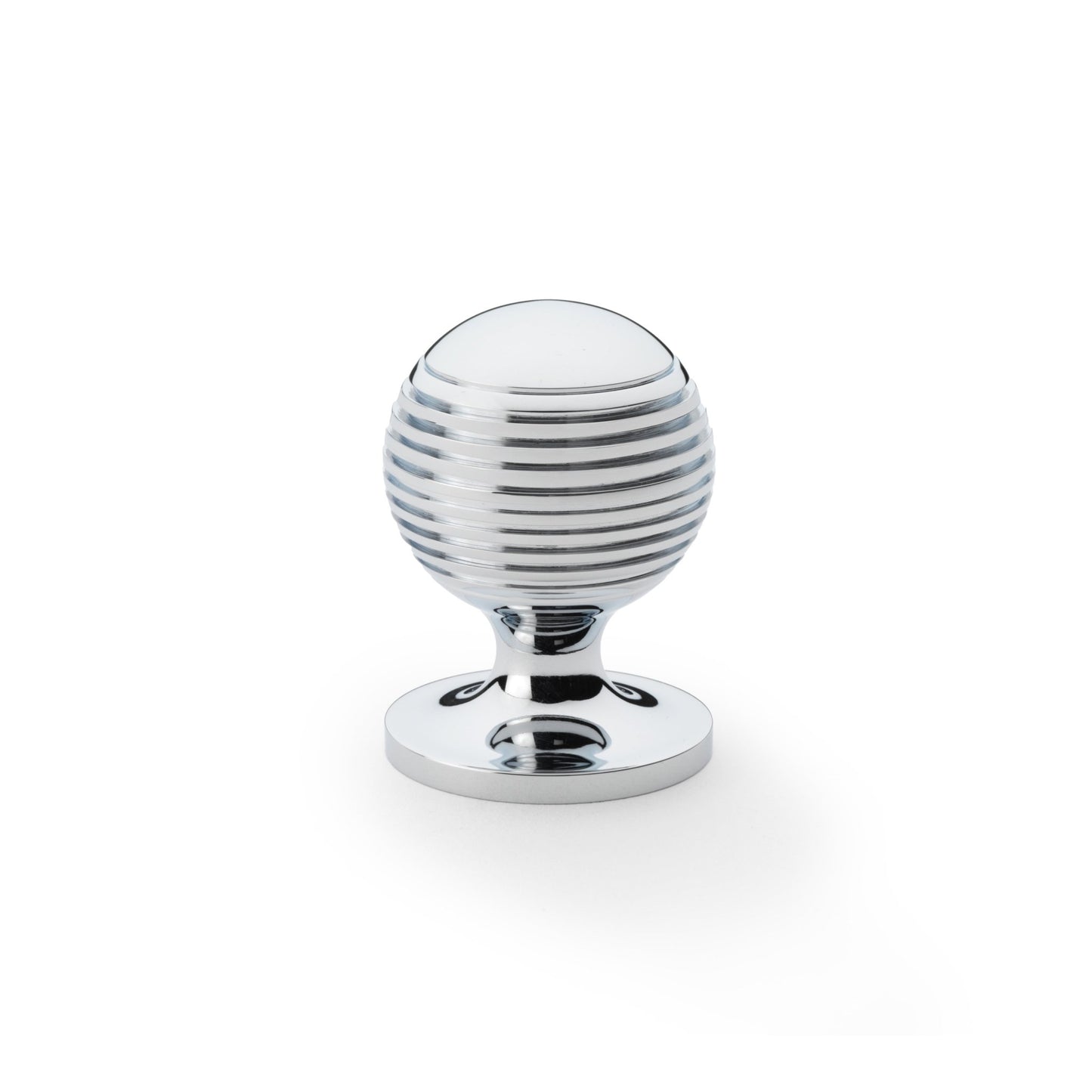 Alexander & Wilks Caesar Cupboard Knob on Round Rose in chrome finish, featuring a round, ribbed design that enhances grip and adds a modern touch to cabinetry.