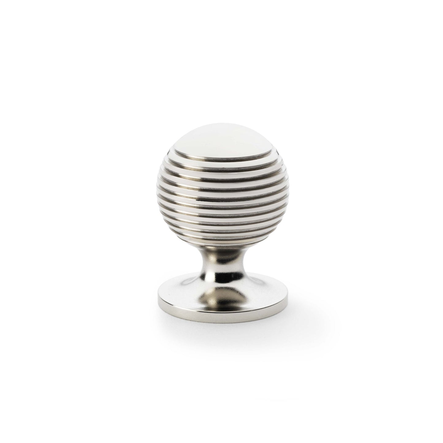 Alexander & Wilks Caesar Cupboard Knob on Round Rose in brushed nickel finish, featuring a round shape with horizontal grooves and a smooth top surface.