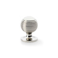 Alexander & Wilks Caesar Cupboard Knob on Round Rose in brushed nickel finish, featuring a round shape with horizontal grooves and a smooth top surface.
