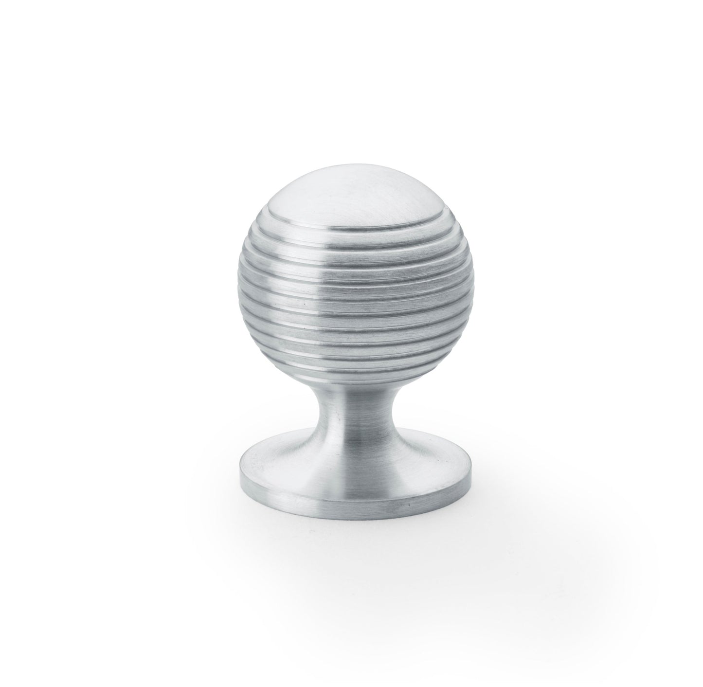 Alexander & Wilks Caesar Cupboard Knob on Round Rose in brushed aluminum finish, featuring a spherical shape with horizontal grooves and a circular base for installation.
