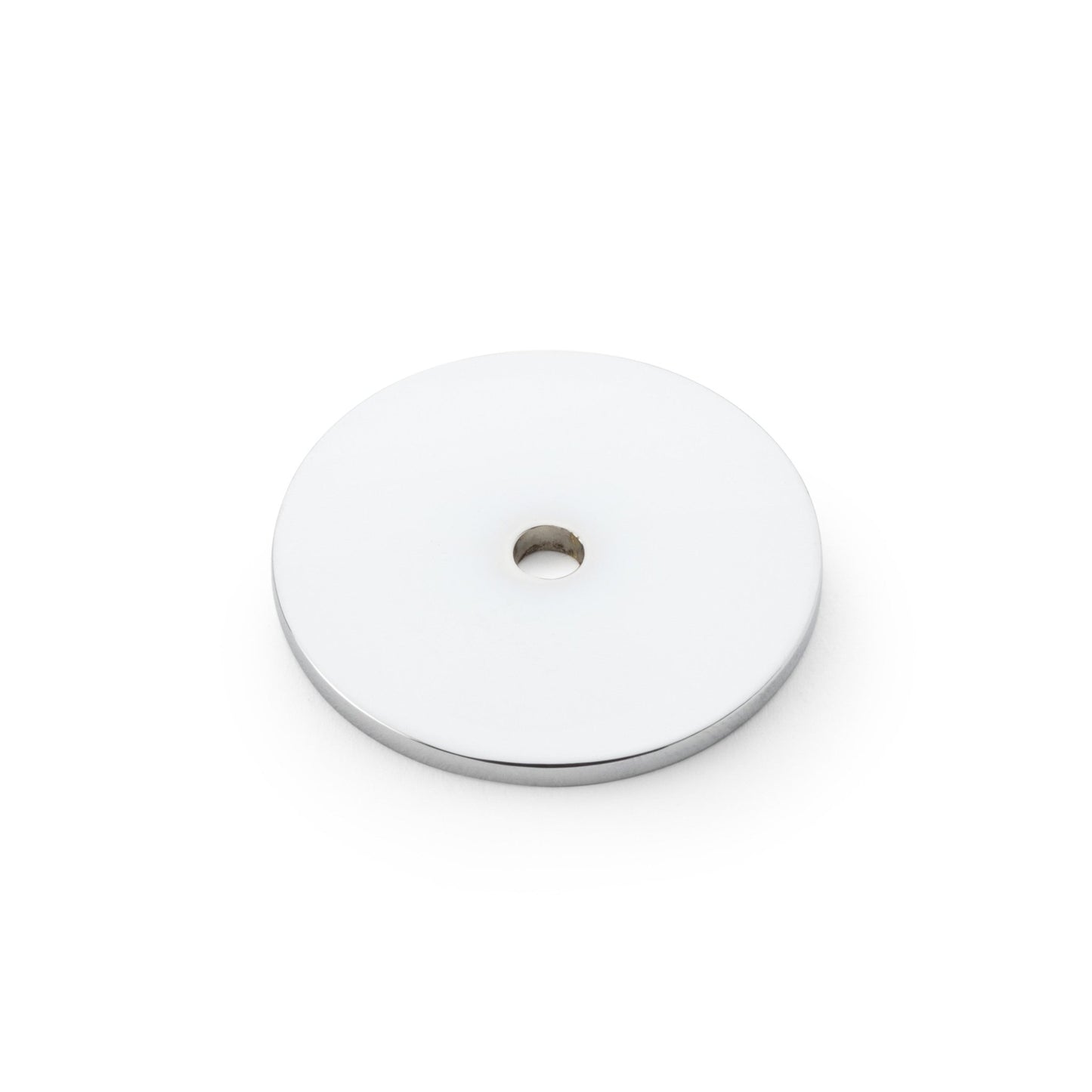 Alexander & Wilks Circular Backplate in white with a shiny chrome edge, featuring a central hole for mounting.