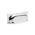 Alexander & Wilks Quantock Cup Handle in polished chrome, featuring a curved design and attached to a rectangular backplate, suitable for cabinetry applications.
