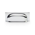 Alexander & Wilks Quantock Cup Handle in polished chrome with a simple, rounded design and rectangular base, ideal for cabinetry or furniture.
