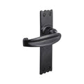 Spira Brass Charlbury Lever Handles in a matte black finish, featuring a curved lever design mounted on a rectangular backplate with decorative edges and visible screw holes.