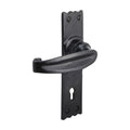 Spira Brass Charlbury Lever Handles in a black finish, featuring a curved lever design mounted on a rectangular backplate with rounded edges and a keyhole.