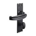 Spira Brass Charlbury Lever Handles in black finish, featuring a curved lever design and a round knob, mounted on a rectangular backplate with scalloped edges.