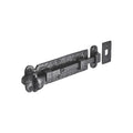 Spira Brass Straight Surface Bolt in a black finish with a sturdy design, featuring a sliding bolt mechanism and matching strike plate for installation.