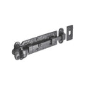 Spira Brass Straight Surface Bolt in a dark finish, made of durable metal, featuring a long bolt mechanism and four mounting holes for secure installation.