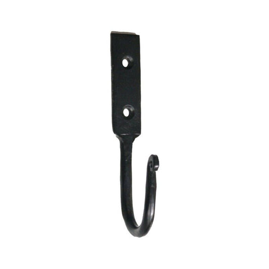 Spira Brass Iron Hook BR607 in black, featuring a flat mounting plate with two holes and a curved hook for hanging items.