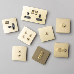 Satin Brass Switches and Sockets - Straight Knurled Design