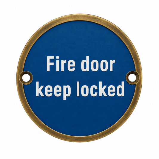 Zoo Hardware Fire Door Keep Locked Sign, circular design in blue with white letters, featuring two holes for mounting. The sign emphasizes safety with its clear instructions.