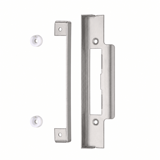 Zoo Hardware Rebate Kit to Suit Cylinder Sash Lock in stainless steel, featuring a rectangular latch and strike plate design with two white plastic covers included.