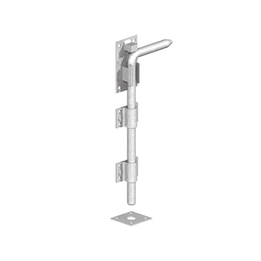 Spira Brass Iron Drop Bolt 18" in silver finish, featuring a straight cylindrical design with a curved handle and a locking mechanism for secure closure.