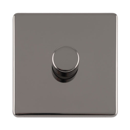 Eurolite Concealed 3mm 1 Gang LED Push On Off 2-Way Dimmer in black nickel finish, featuring a sleek square design with a central dimmer knob.