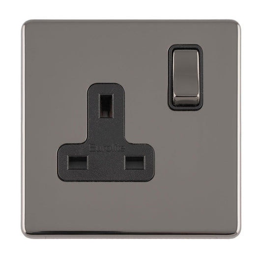Eurolite Concealed 3mm 1 Gang 13Amp DP Switched Socket in black nickel finish, featuring a rectangular design with a switch and a three-pin socket layout.
