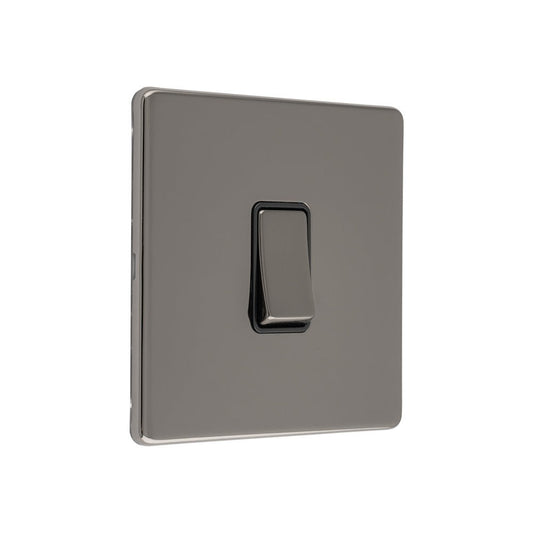 Eurolite Concealed 3mm 1 Gang 20Amp DP Switch & Neon in black nickel finish, featuring a sleek square design and a toggle switch for operation.