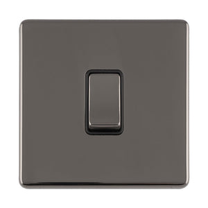 Eurolite Concealed 3mm 1 Gang 20Amp DP Switch in black nickel finish, featuring a sleek rectangular design with a toggle switch in the center and a clear neon indicator.