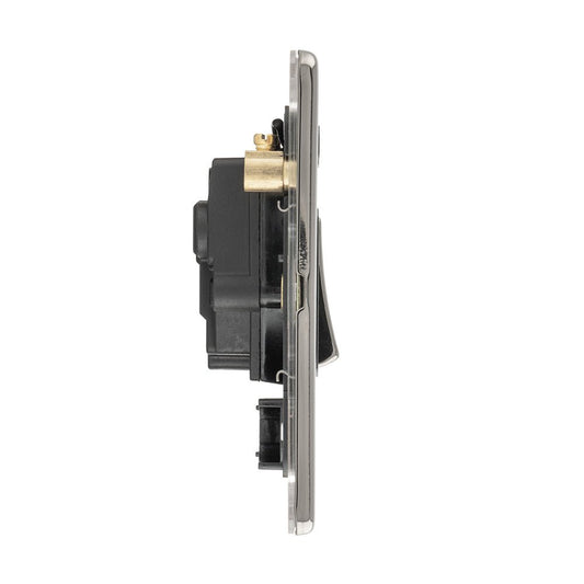 Eurolite Concealed 3mm 1 Gang 20Amp DP Switch in black nickel, featuring a slim profile and brass connectors, designed for easy installation and use in electrical applications.