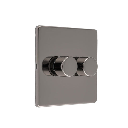 Eurolite Concealed 3mm 2 Gang LED Push On Off 2 Way Dimmer in black nickel, featuring a sleek square control plate and two round dimmer knobs for easy adjustment of lighting.