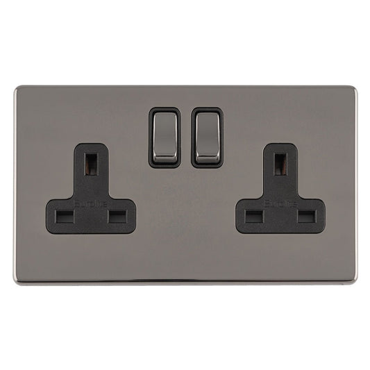 Eurolite Concealed 3mm 2 Gang 13Amp DP Switched Socket in black nickel featuring two socket outlets and two rocker switches, designed for streamlined installation and a modern look.