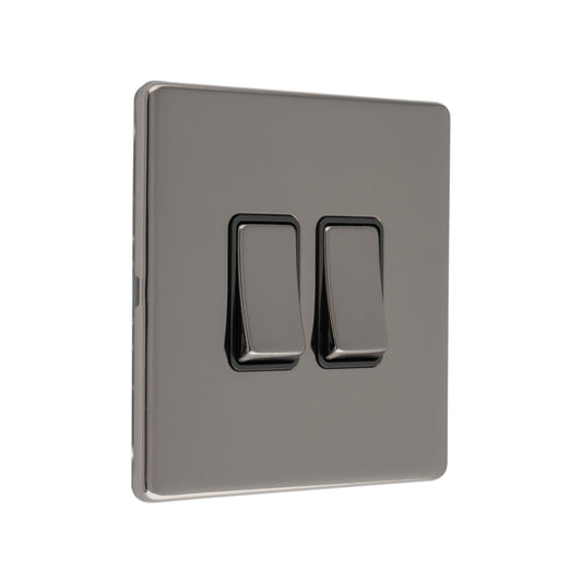 Eurolite Concealed 3mm 2 Gang 10Amp 2Way Switch in black nickel finish, featuring two toggle switches with a sleek rectangular plate design.