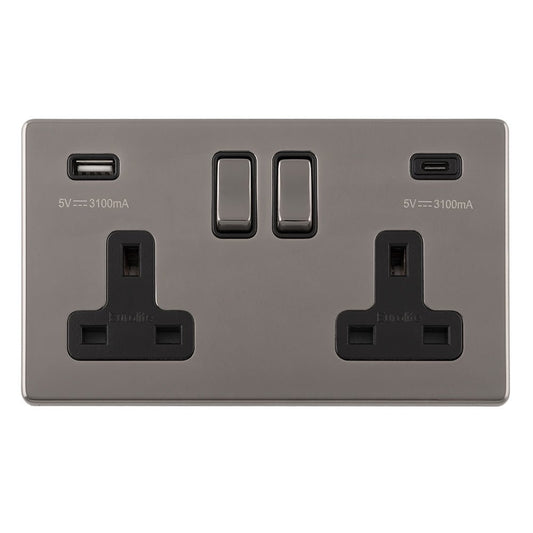 Eurolite Concealed 3mm 2 Gang USB-C Socket in black nickel, featuring two USB-C ports alongside two standard sockets, with clear labeling for voltage and current specifications.
