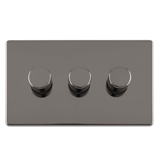 Eurolite Concealed 3mm 3 Gang LED Push On Off 2Way Dimmer in black nickel featuring three circular control knobs for adjusting lighting.