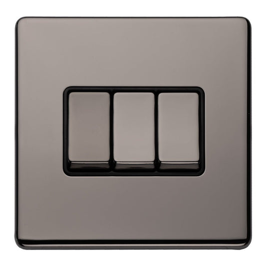 Eurolite Concealed 3mm 3 Gang 10Amp 2Way Switch in black nickel finish, featuring three rectangular switches arranged in a row on a square plate.