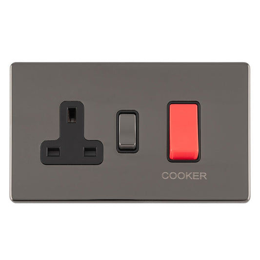 Eurolite Concealed 3mm 45Amp DP Cooker Switch with 13Amp Socket in black nickel finish, featuring a red rocker switch and a standard British plug socket.