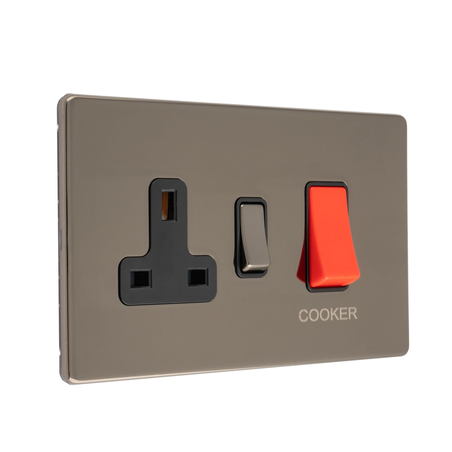 Carlisle Brass Numeral Face Fix (No.4) 76Mm in a sleek design, featuring a black electrical socket, a grey switch, and a red cooker switch, all set against a polished metallic background.