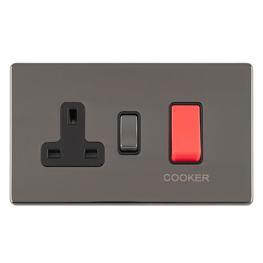 Carlisle Brass Numeral Face Fix (No.4) 76Mm in a dark grey finish, featuring a cooker switch, a single toggle switch, and a three-pin socket for electrical connections.