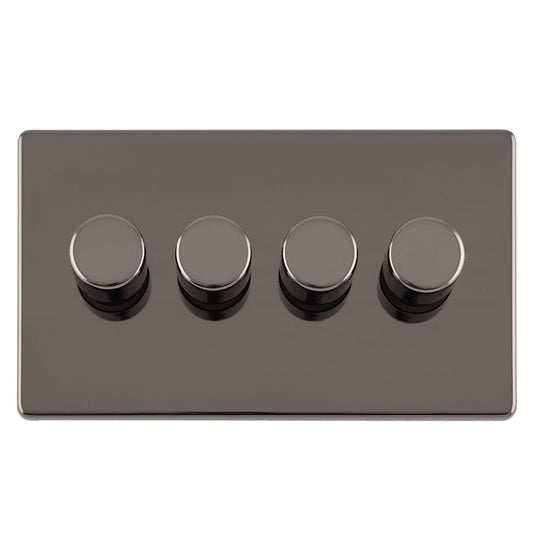 Eurolite Concealed 3mm 4 Gang LED Push On Off 2Way Dimmer in black nickel finish, featuring four round, push-button controls mounted on a rectangular plate.