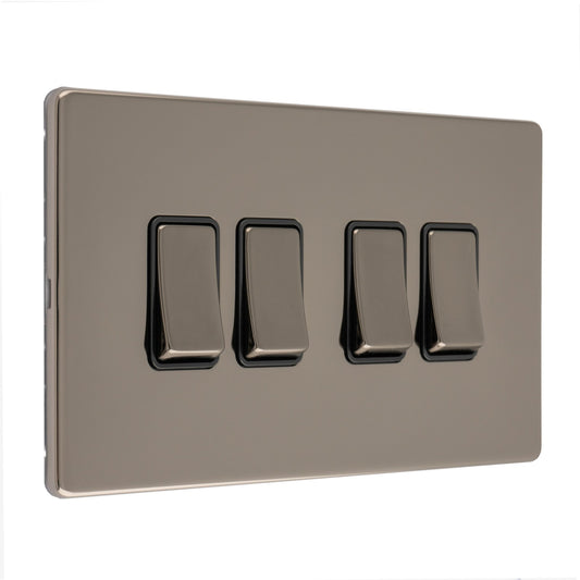 Eurolite Concealed 3mm 4 Gang 10Amp 2Way Switch in black nickel, featuring four rectangular switches with a sleek design against a smooth plate.