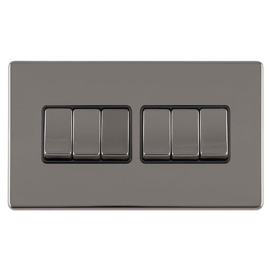 Eurolite Concealed 3mm 6 Gang 10Amp 2Way Switch in black nickel, featuring six toggle switches arranged in two rows on a rectangular plate with a smooth finish.